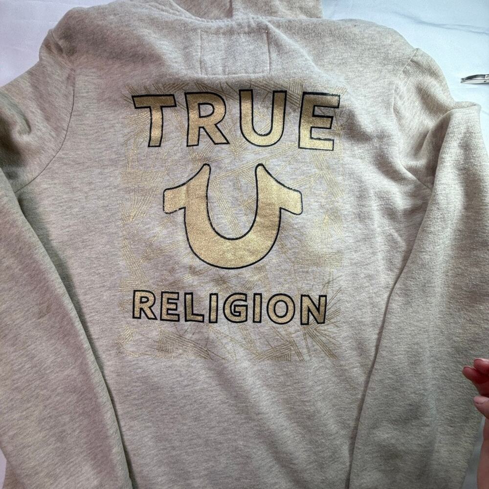 True Religion Gold Logo Full Zip Hoodie Sweatshirt Light Heather Oatmeal Size M - Picture 8 of 15